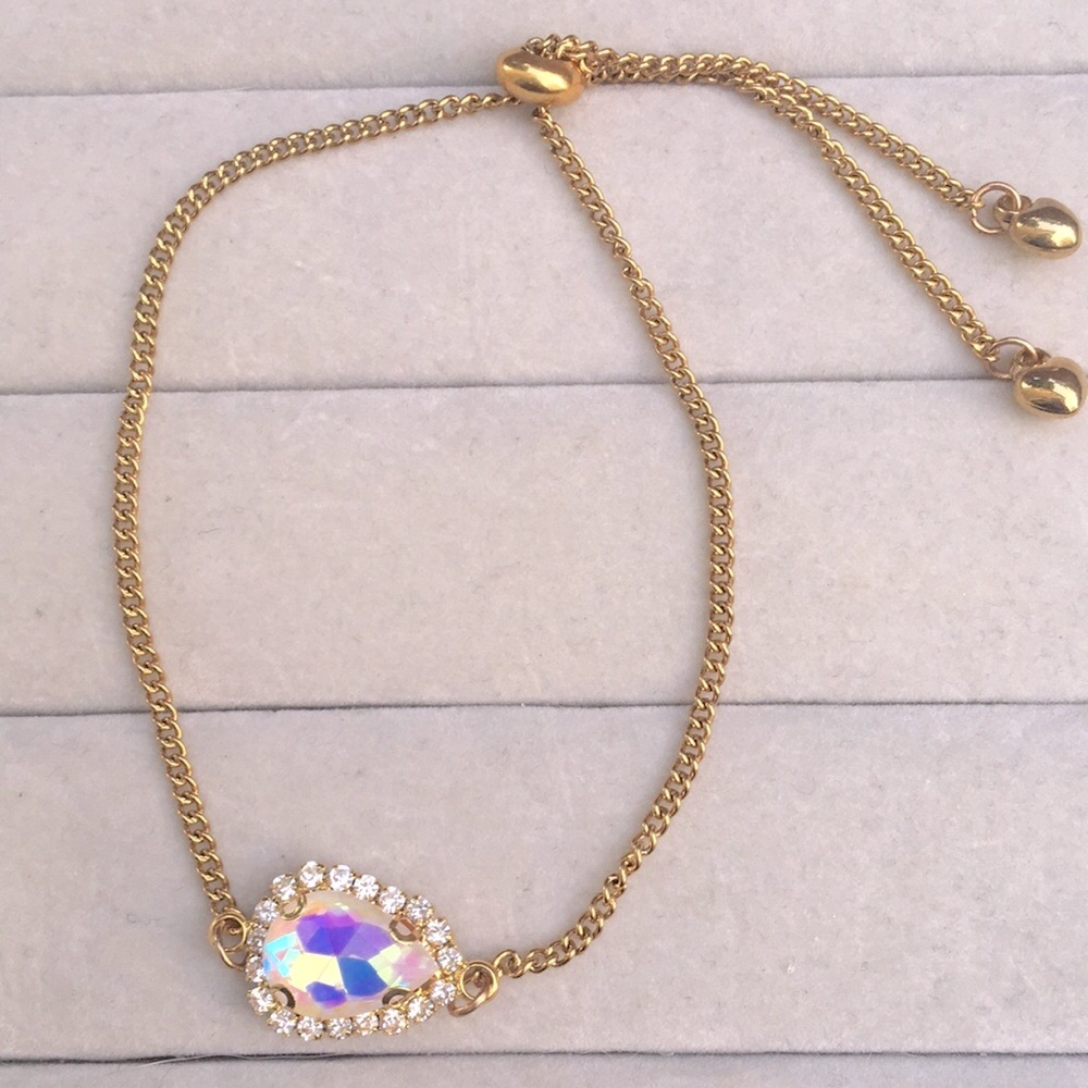 White Aurora Borealis Crystal Halo + Gold Pear Adjustable Boho Bracelet - Picture 9 of 13